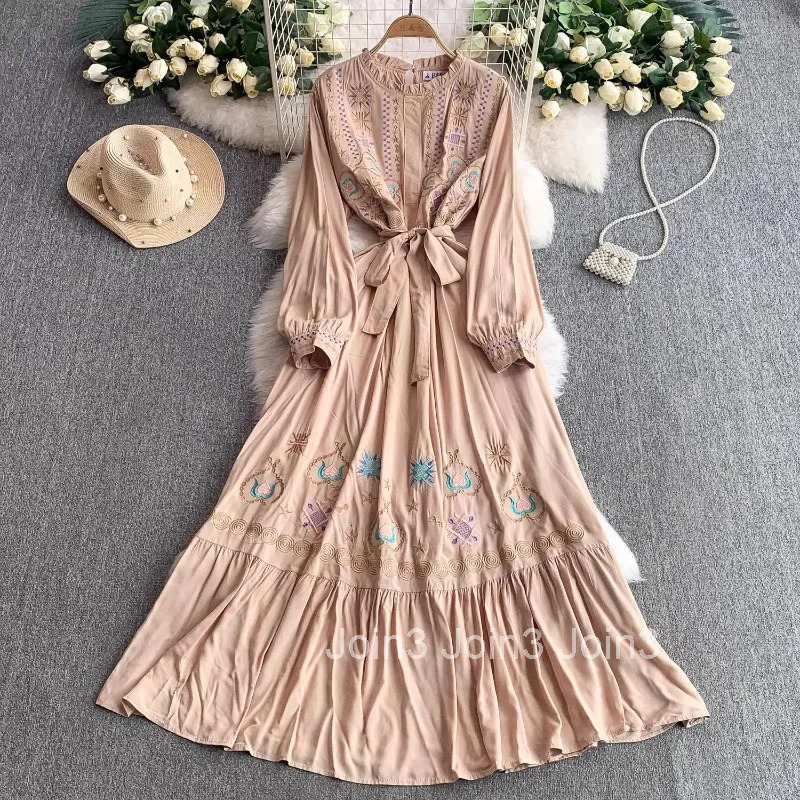 Vintage Woman Dress 2025 Vestidos De Mujer Slim Waist Ruffles Embroidery Robe Femme O-neck Lantern Sleeve Summer Maxi Dresses