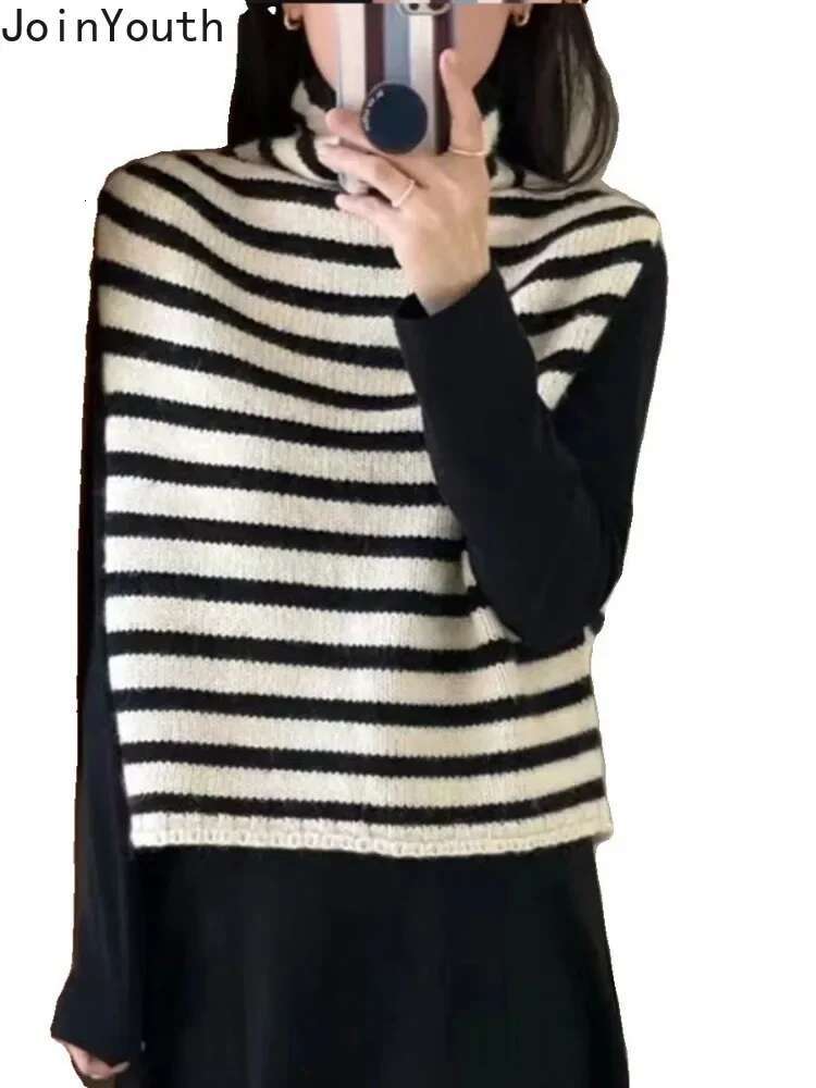 Striped Sweater Vest Womens Clothing Turtleneck Sleeveless Casual Waistcoat Y2k Tops Fashion Knitted Korean Tanks Ropa Mujer