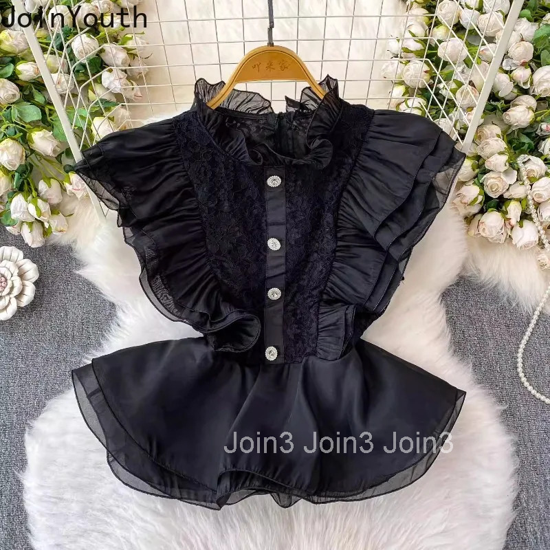 2025 Camisas De Mujer Sleeveless Stand Neck Blouse Women Clothing Heavy Lace Tunic Temperament Tops Ruffles Sweet Summer Shirts