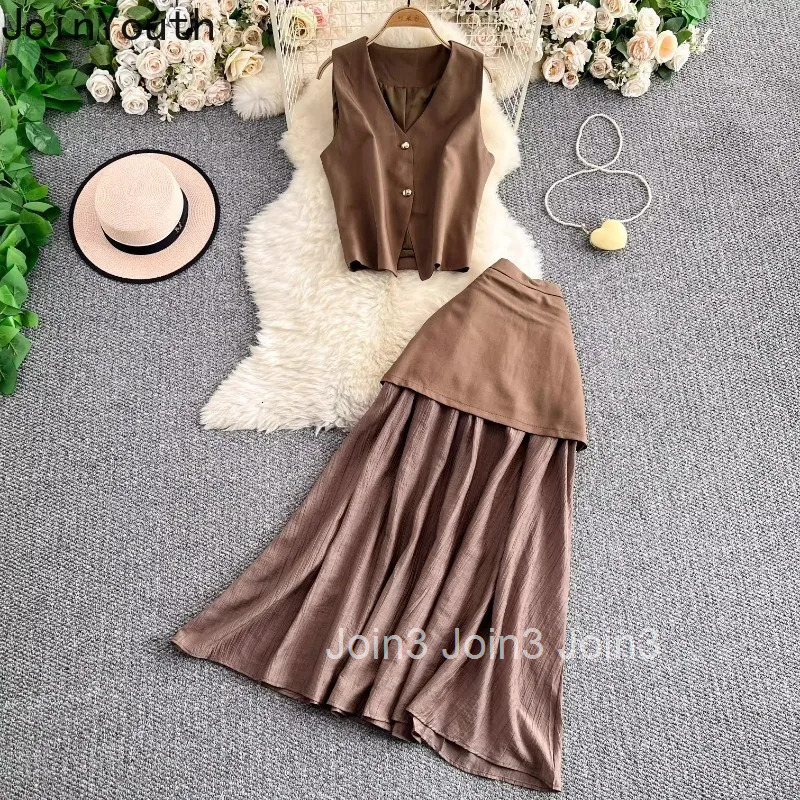 Womens Clothes 2 Piece Sets V-neck Temperament Vest High Waist Patchwork Tunic Bodycon Skirt Outfits Fashion Korean Suit 63e407