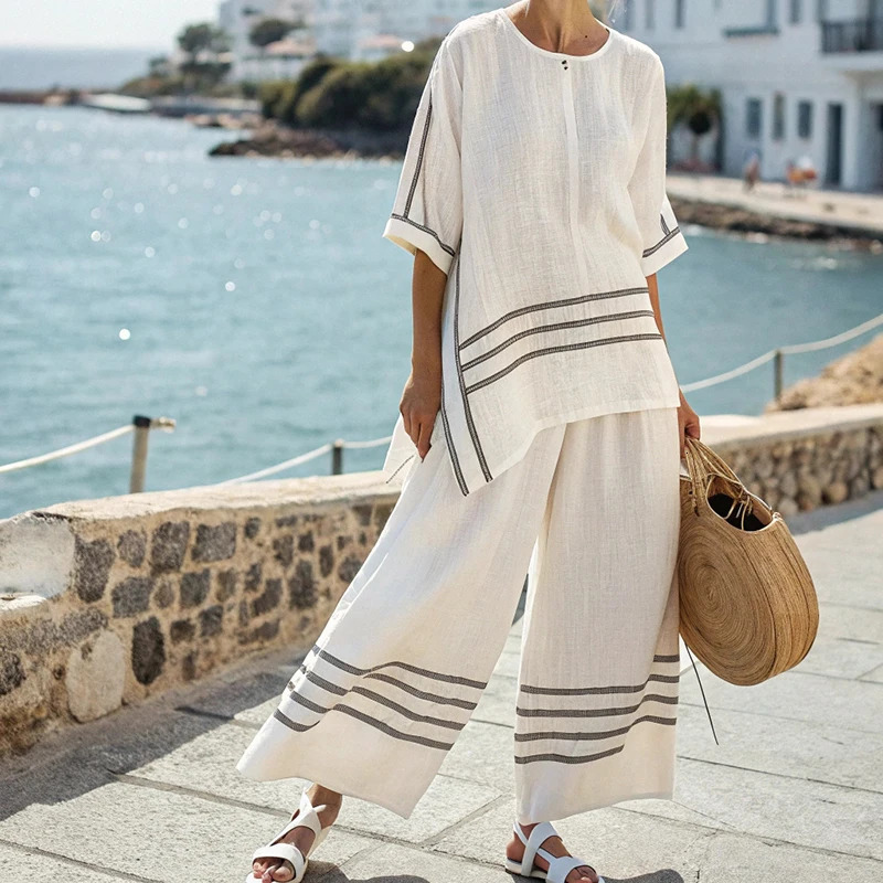 Holiday Elegant Pocket Wide Leg Pants Outfits Ladies Commuting Loose Two Piece Sets Striped Printed T-shirt Casual Womens Suit 250617