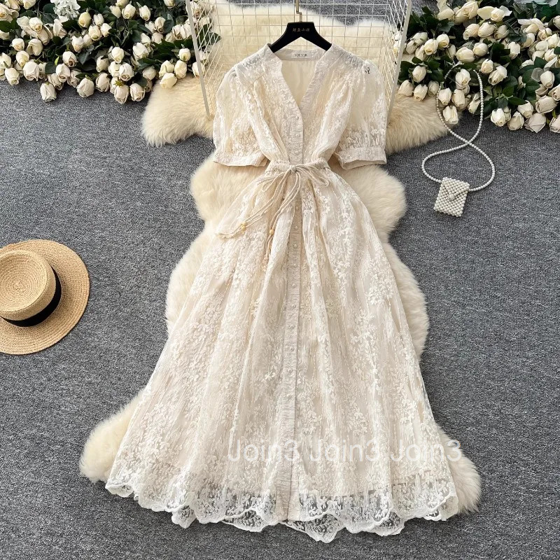 2025 Vestidos De Mujer Vintage Summer Dresses for Women Bandage Slim Waist Lace Robe Femme Chic Korean A-line Elegant Maxi Dress
