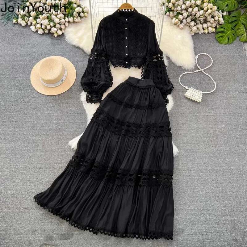 Skirt Outfits Women Clothes Two Piece Sets Lantern Sleeve Stand Neck Shirt High Waist A-line Suit Hollow Out Lace Chic White Set