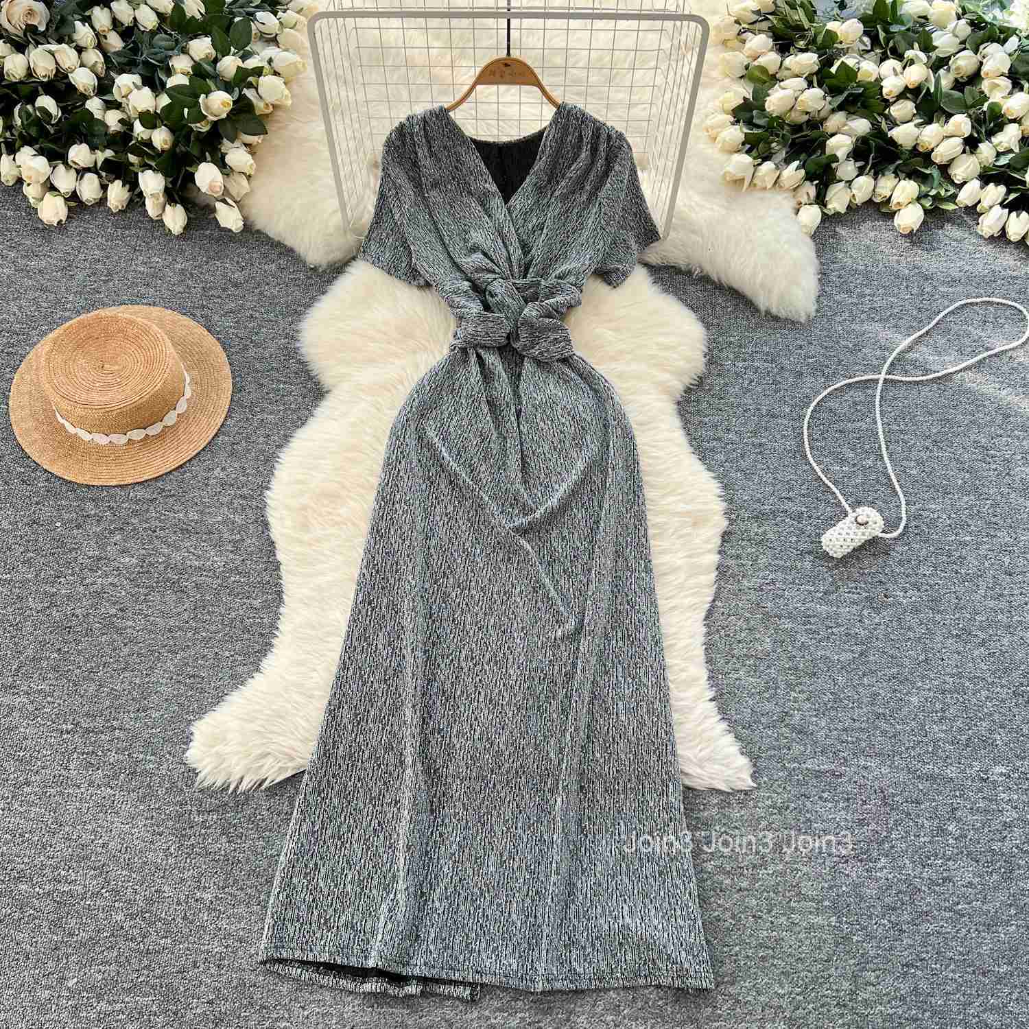 Summer Woman Dress Short Sleeve V-neck Tunic Korean Robe Femme High Waist Diamond Split Bodycon Dresses 2025 Vestidos De Mujer