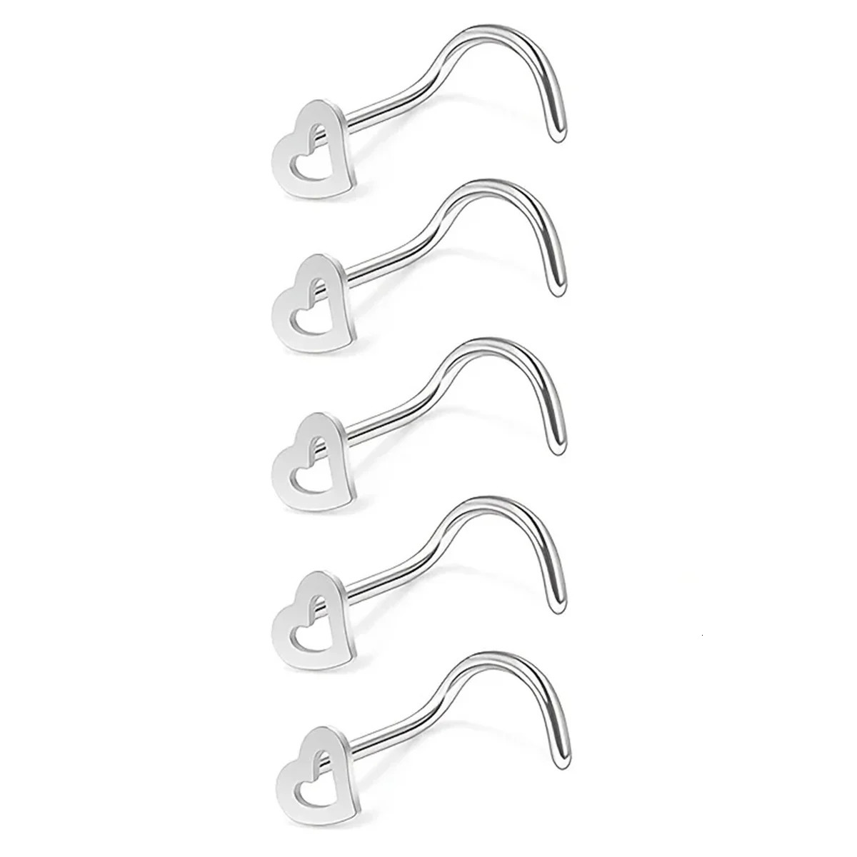 5pcs Fashion Hollow Heart Stainless Steel Nose Stud Set for WomenNostril Piercing Nariz Pin Screw Body Jewelry 250613