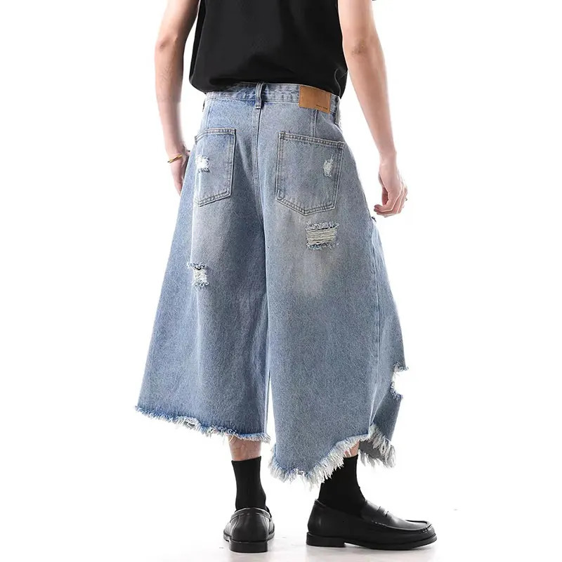 American Vintage Blue Ripped Short Jeans Mens Oversized Distressed Jorts Y2k Grunge Baggy Boyfriend Denim Shorts Wide Streetwea 250618