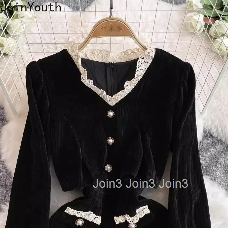 Black Fake Two Dresses Women V-Neck Slim Fit Robe Femme 2025 Vestidos De Mujer Patchwork Lace Elegant Vintage Corduroy Dress