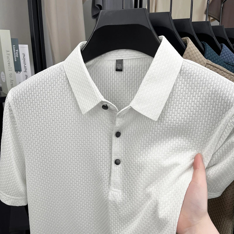 Personalized waffle short sleeve polo shirt summer high-end ice silk breathable and comfortable solid color lapel T-shirt 250618