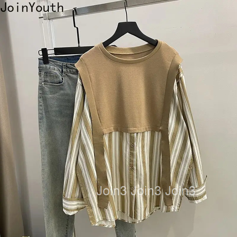 Oversized Blouses Women Clothing Patchwork Striped Shirts Chic Fake Two Fashion Casual Blouse Tosp 2025 Blusas Mujer De Moda