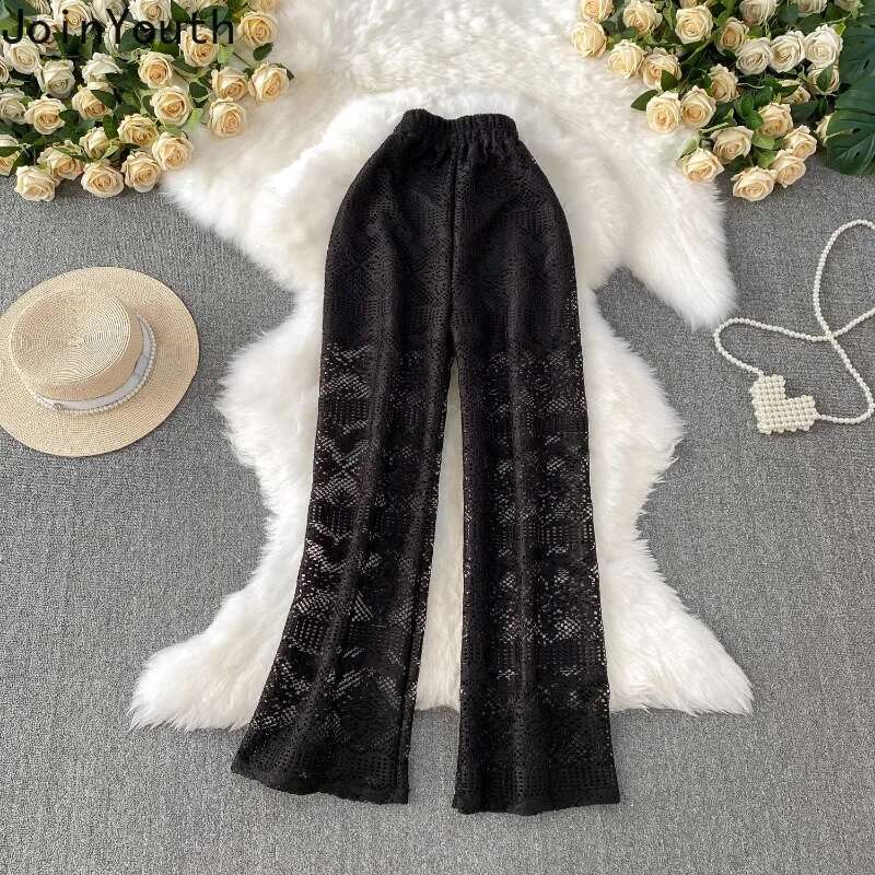 Summer Straight Pants for Womens 2025 New Bottoms High Waist Fashion Hollow Out Thin Pantalon Femme Korean Lace Trousers 63e165