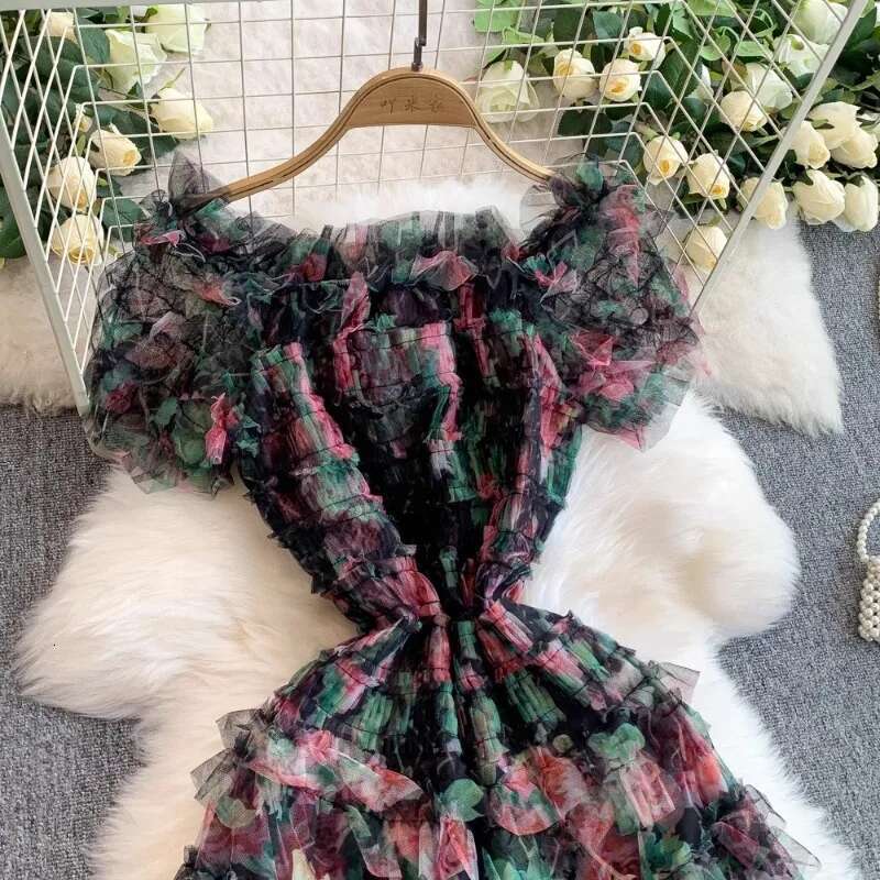 Temperament Robe Femme Summer Maxi Dresses Women 2025 Vestidos De Mujer Stand Neck Slim Waist Floral Folds Gauze Ruffles Dress