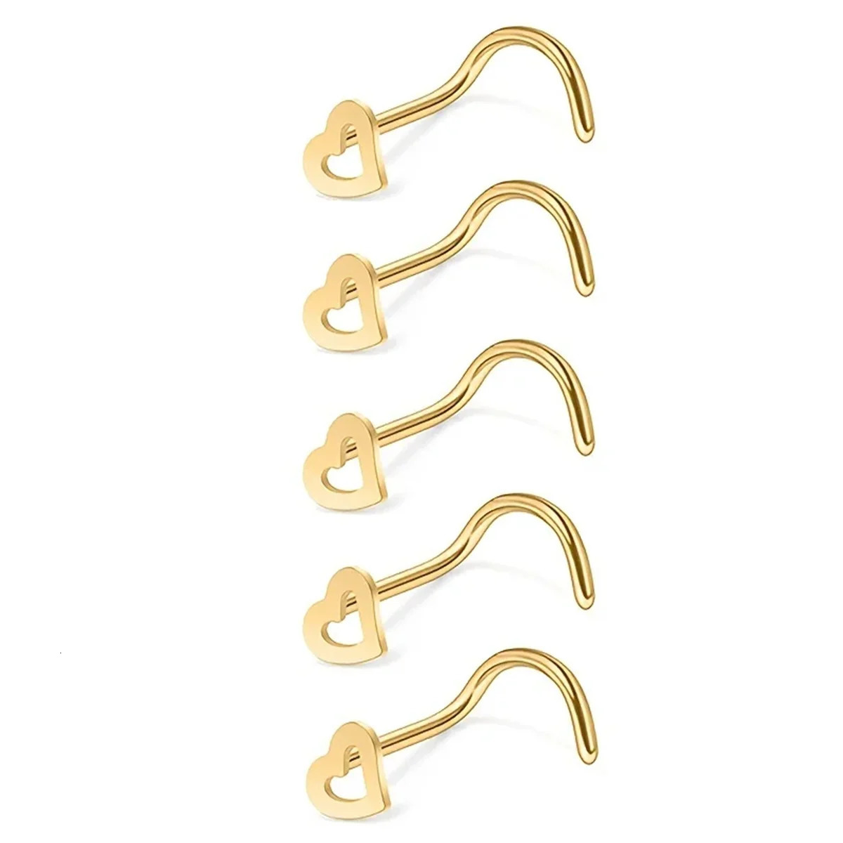 5pcs Fashion Hollow Heart Stainless Steel Nose Stud Set for WomenNostril Piercing Nariz Pin Screw Body Jewelry 250613