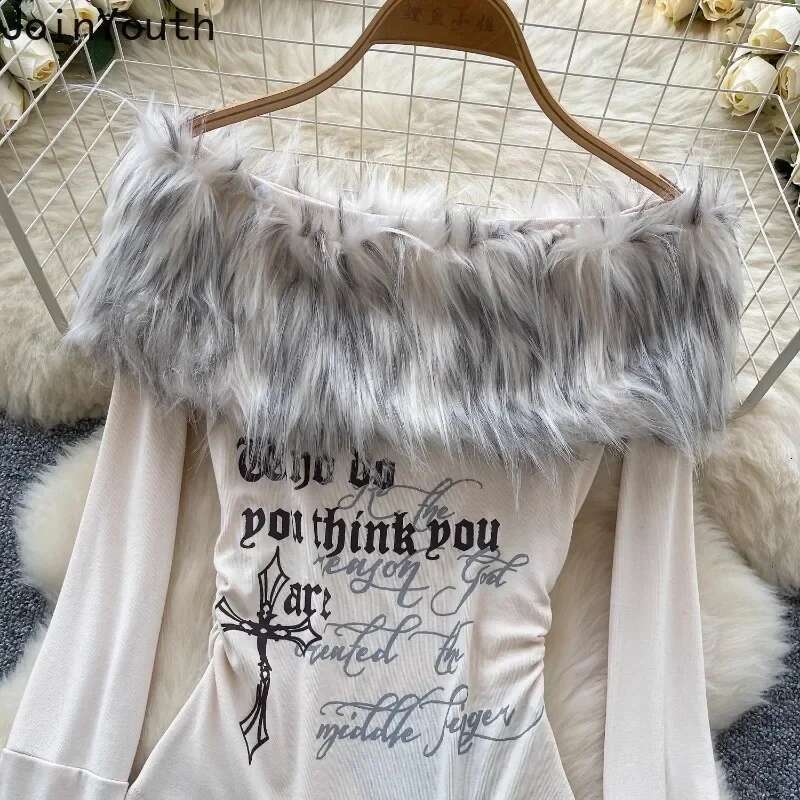 Vintage Woman T Shirts Patchwork Furry Slash Neck Flare Sleeve Tees Y2k Tops Tunic Letter Tshirt Ropa Mujer Korean Camisetas