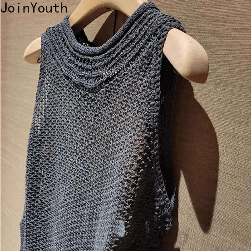 Fashion Crop Top Women Clothing Sleeveless O-neck Summer Tanks 2025 Ropa Mujer Casual Korean Camis Loose Hollow Out Knit Vest