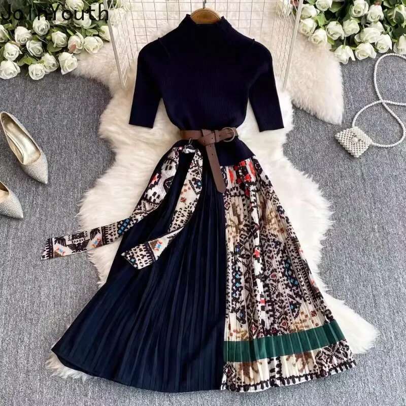 Contrast Color Floral Dresses Women Stand Neck Short Sleeve Temperament Robe Femme 2025 Vestidos De Mujer Knitted Pleated Dress