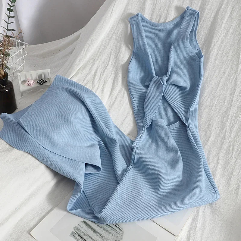 OCEANLOVE Korean Knitted Robe Femme Summer V Neck Sleeveless Kink Hollow Out Sexy Slim Bodycon Dress Split Fork Long Dresses 250617