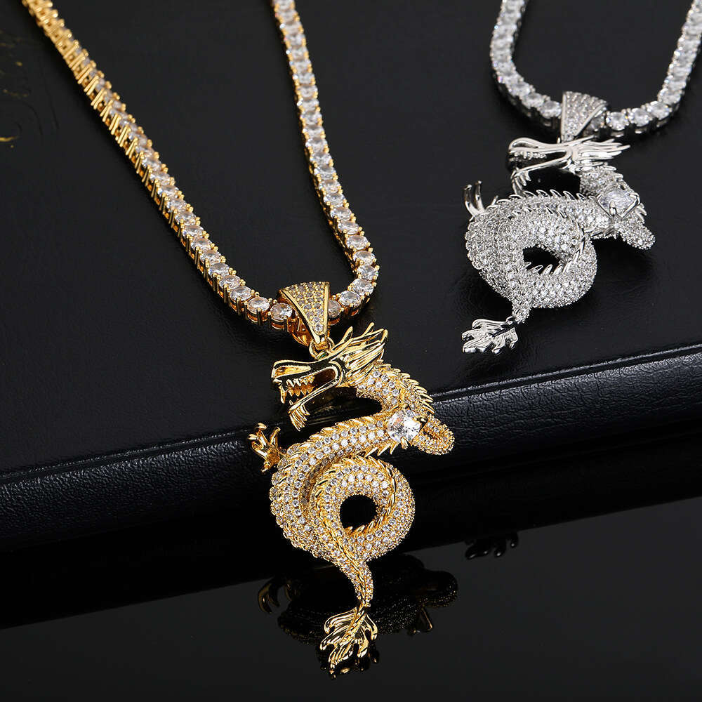 Hip Hop New Zodiac Dragon Chinese Style Personality Gold Plated Full Zircon Pendant Unisex Sweater Chain f015