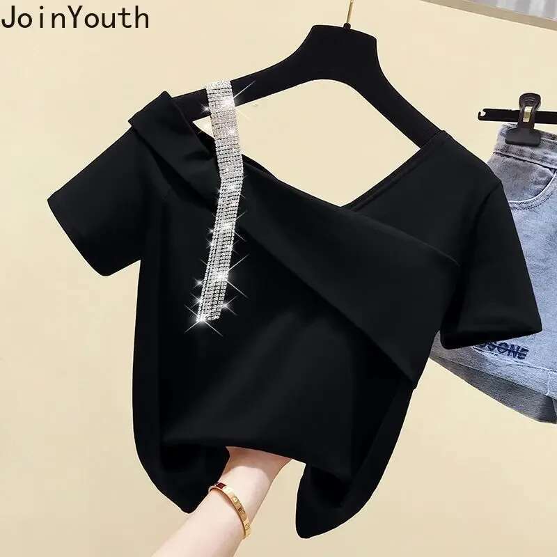 Short Sleeve Woman Tshirts 2025 Ropa Mujer Off Shoulder Diamond Summer Tees Solid Color Casual T Shirt Fashion Y2k T-shirt Tops