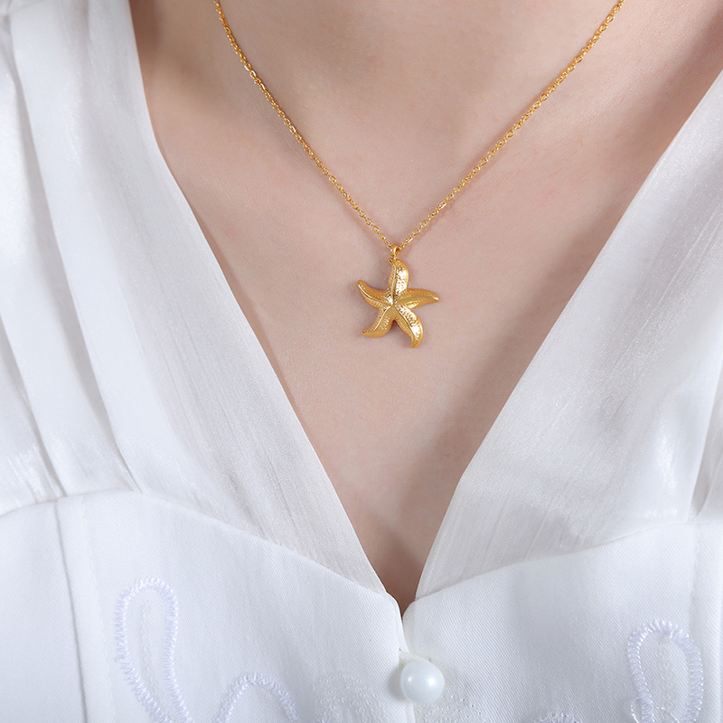 Boho Gold Starfish Necklace, Textured Sea Creature Pendant Chain, Beachy Jewelry Gift for Her for Women