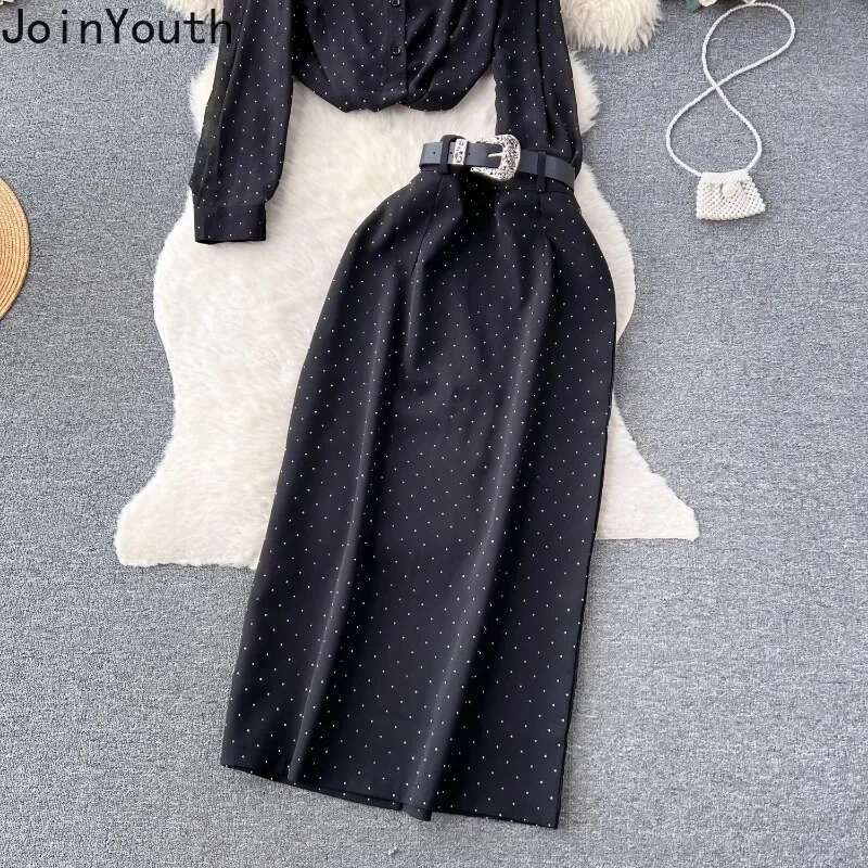Women Clothing Temperament Two Piece Sets Long Sleeve Loose Shirt High Waist Skirts Outfits Roupas Femme Vintage Polka Dot Suit