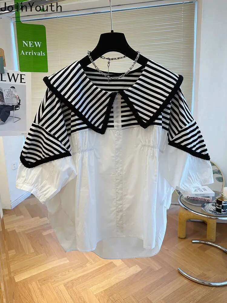 Contrast Color Blouse for Women 2025 Blusas Mujer De Moda Patchwork Loose Summer Shirts Peter Pan Collar Fashion Blouses Tops