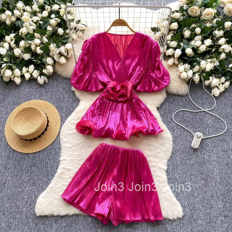 Shorts Suit Chic 2 Piece Sets Womens Outfits Slim Waist Puff Sleeve V-neck Shirts High Waist Wide Leg Shorts Set Roupas Femme