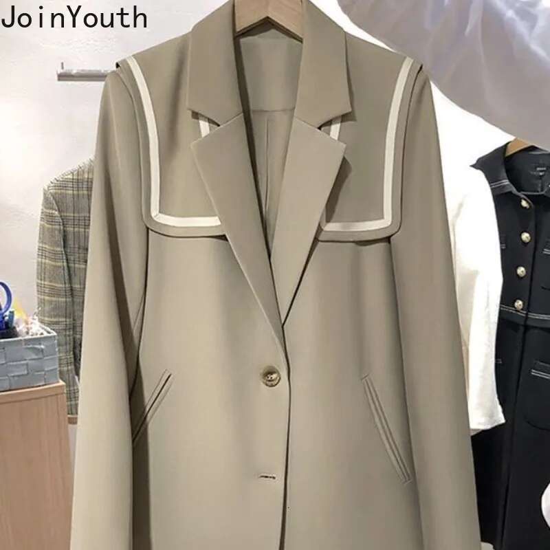 Korean Blazer Women Chic Sailor Collar Long Sleeve Temperament Jackets 2025 Ropa Mujer Fashion Tunic Casual Vintage Coat Tops