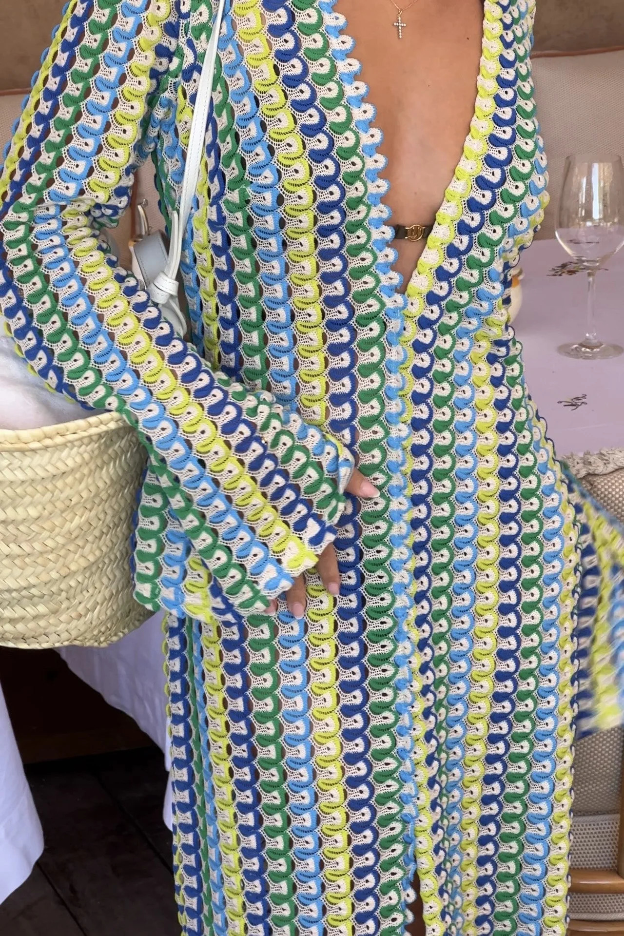 Crochet Colorful Stripe Maxi Dress Women Flare Sleeve V-neck High Split Sexy Long Dresses Autumn Beach Banquet Vestidos 250617