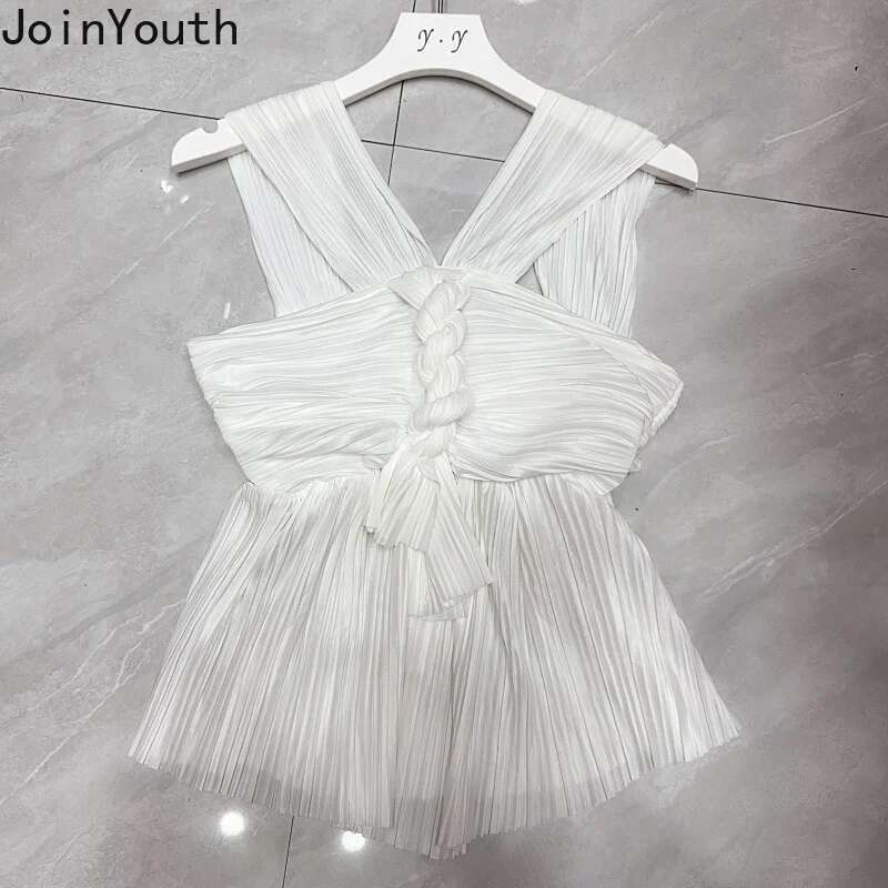 Satin Pleated Sling Vest Women Clothes Slim Fit Sleeveless Temperament Tops Korean Tees Chic Summer Tanks Backless Folds Camis