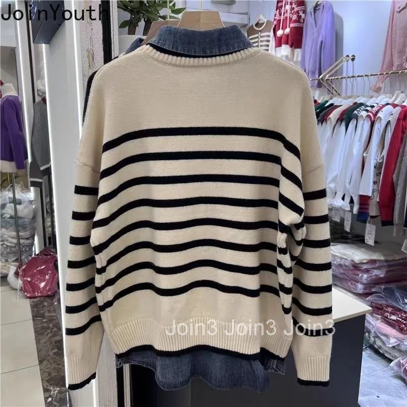 Japanese Patchwork Denim Jumper Fashion Pullovers Women Clothing Sueter Mujer Casual Striped Knitted Sweater Fake Two Y2k Tops