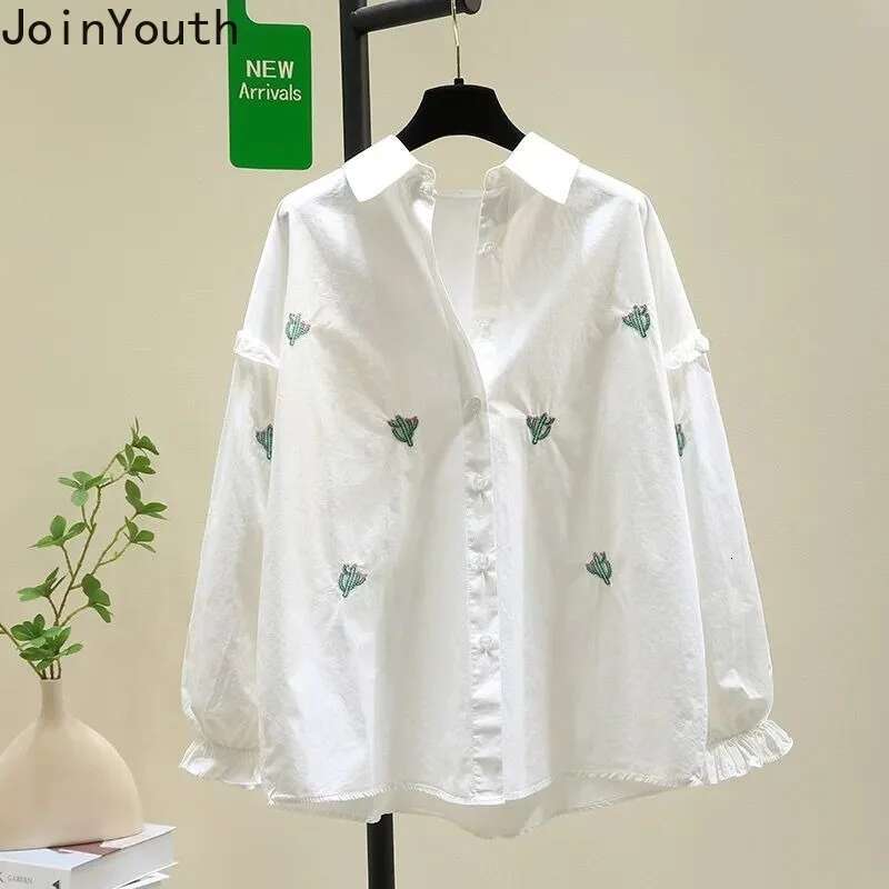 Embroidery Blouse Womens Clothing 2025 Camisas De Mujer Long Sleeve Loose White Shirts Turndown Collar Vintage Blouses Tops