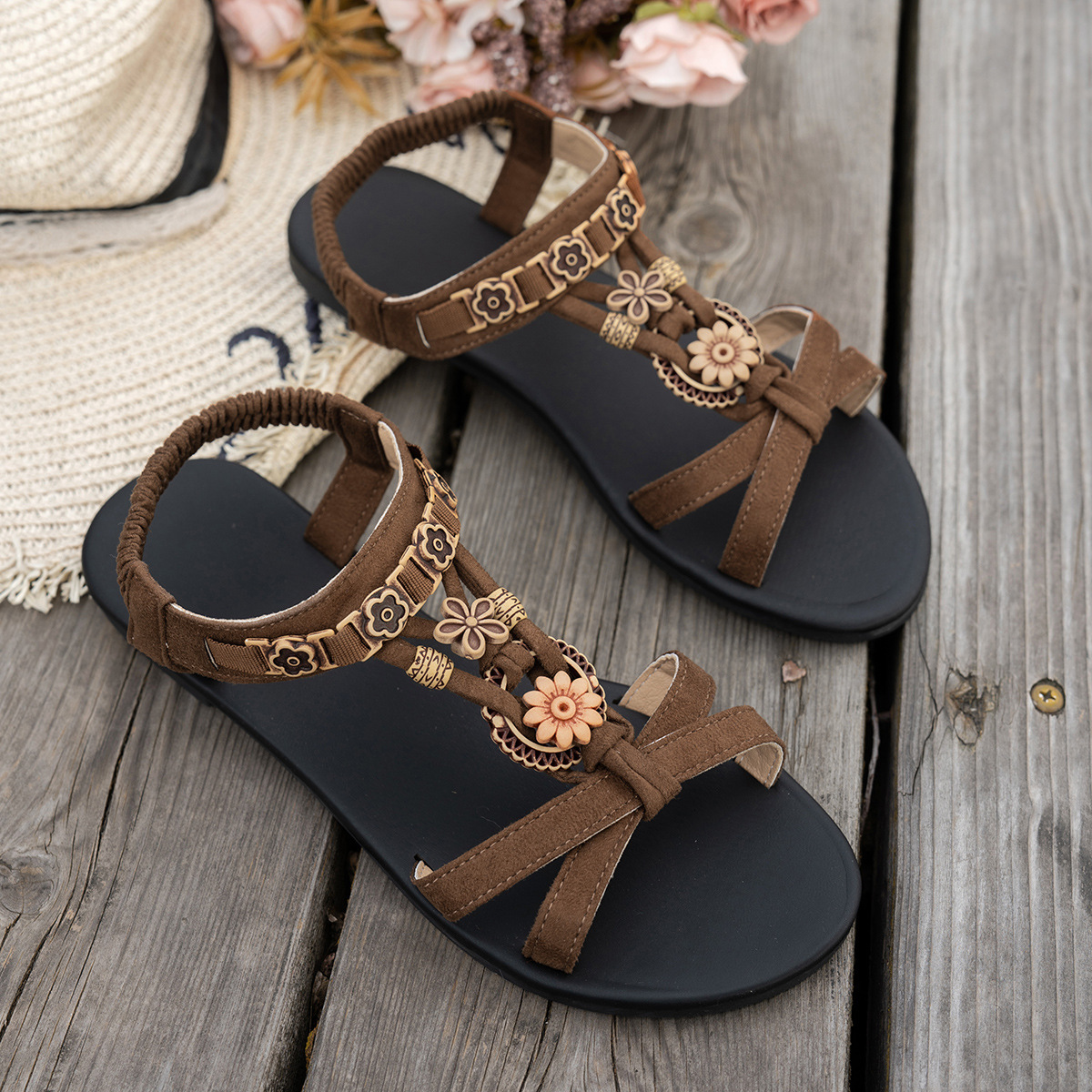 Luxury Brand Designer Shoes Sandals Cross-Border Flat Fashion Plus Size Sandals For Women 2025 Summer New Bohemian Casual Elastic Strap Beach Sandals
