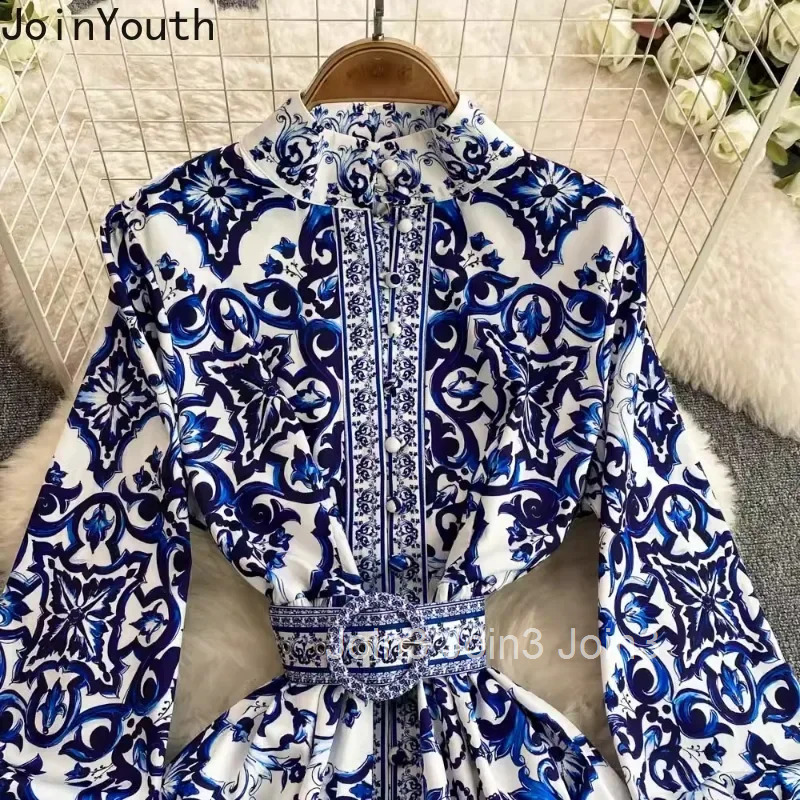 Temperament Dress Women Vestidos De Mujer Stand Neck Single Breasted Floral Robe Femme Vintage High Waist Elegant Maix Dresses
