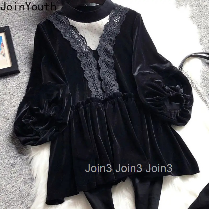Velvet Blouses for Women Patchwork Lace Stand Neck Lantern Sleeve Black Shirts 2025 Camisas De Mujer Vintage Korean Tops Female