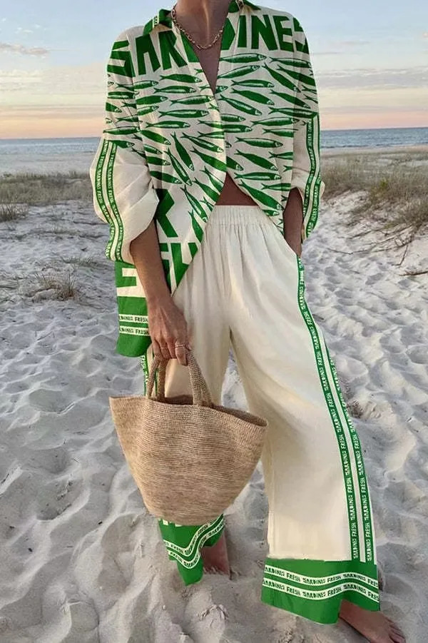 Fashion Casual Printed 2 Piece Set Loose Lapel Long Sleeve Button Shirt High Waist Wide Leg Pants Suit Spring Vacation Style 250617