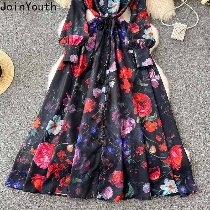Maxi Dress Women Floral Single Breasted Big Swing Tunic Robe Femme Bandage Stand Vintage Summer Dresses 2025 Vestidos De Mujer