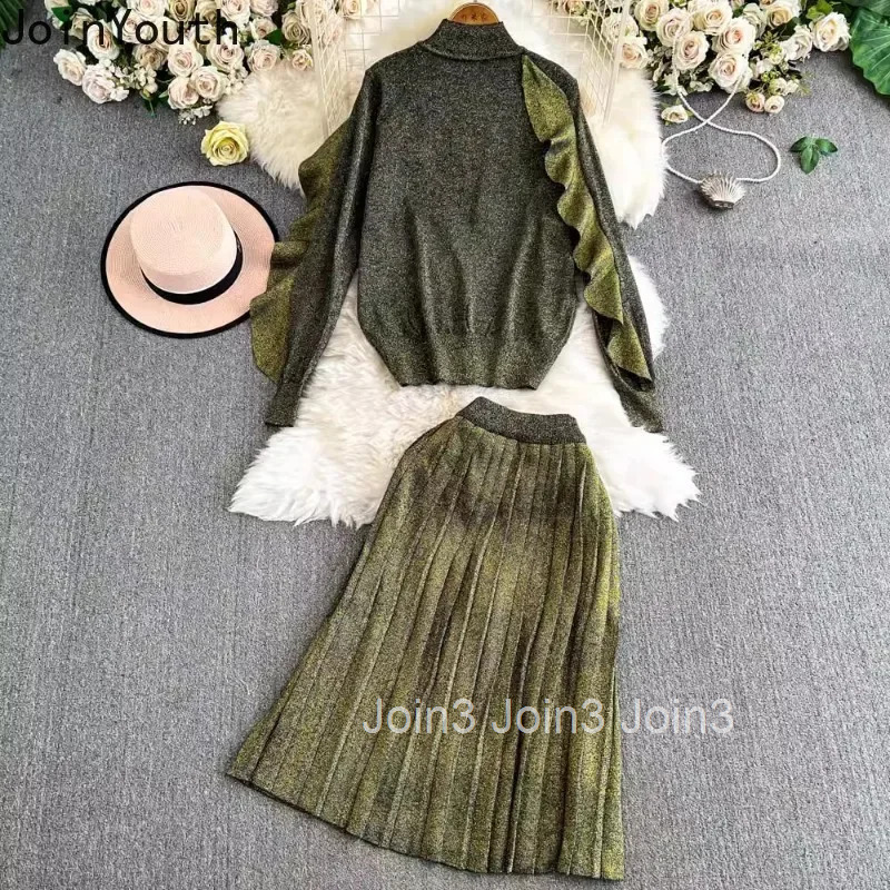 Skirt Suit 2 Piece Sets Women Clothing Half High Collar Ruffles Tops High Waist A-line Pleated Skirt Outfits Vintage Fashion Set