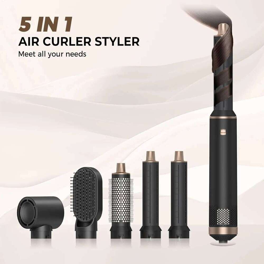 5 In 1 Hot Air Comb Professional Curling Iron Straighten High Speed Hair Dryer Volumizing With Detachable Attachments