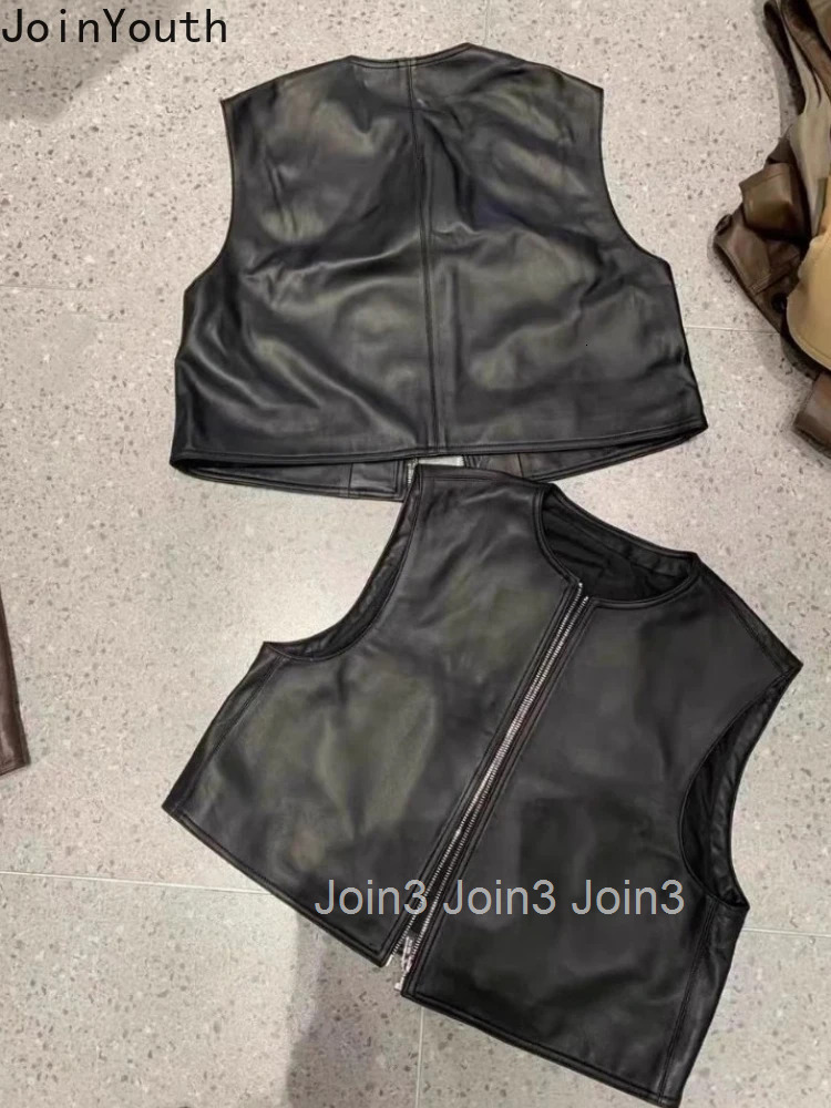 Sleeveless Vest Cardigan Women Clothing O-neck Zipper Leather Waistcoat 2025 Ropa Mujer Fashion Black PU Tanks Vintage Crop Top