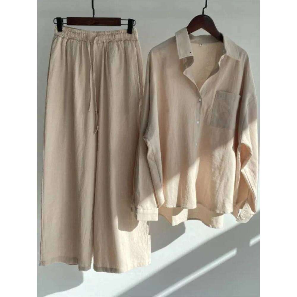 Designer Leisure High Quality Spring Summer Two Long Sleeve Shirt Women's Suit Fashion Button Casual Female Wide Leg Pants 2 Piece Sets