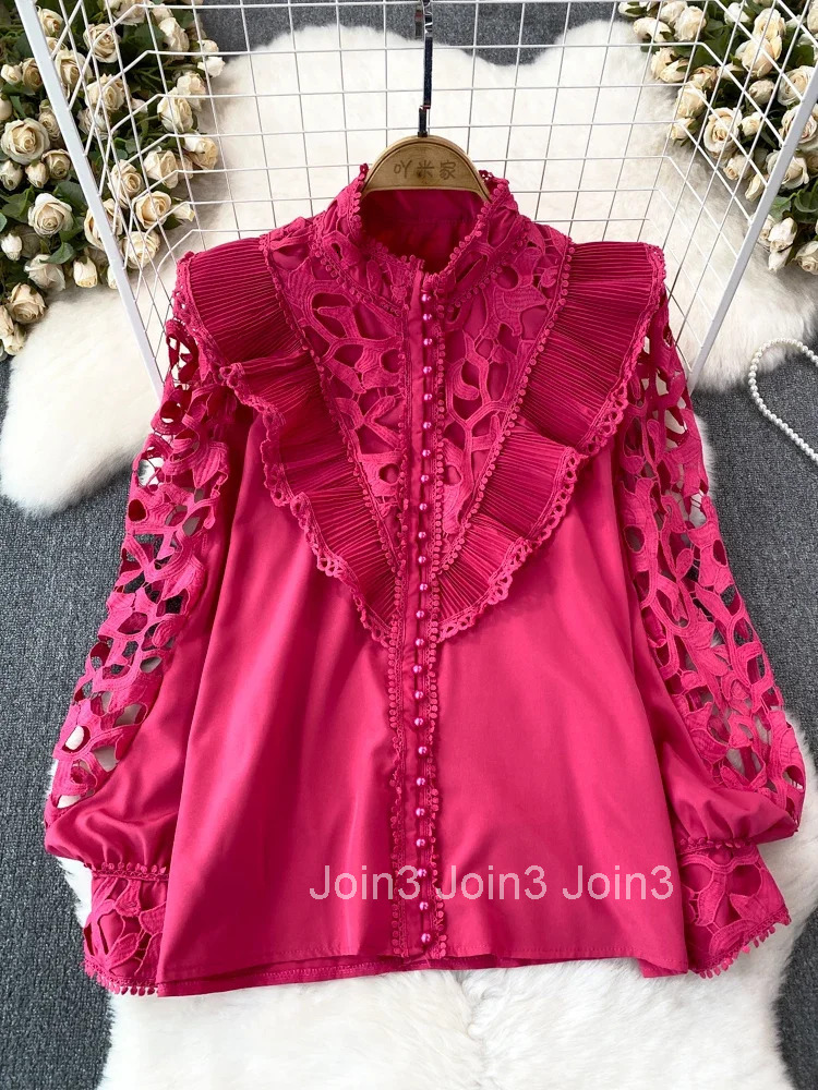 White Women Blouse 2025 Blusas Mujer De Moda Vintage Lantern Sleeve Patchwork Lace Hollow Out Shirts Fashion Korean Blouses Tops