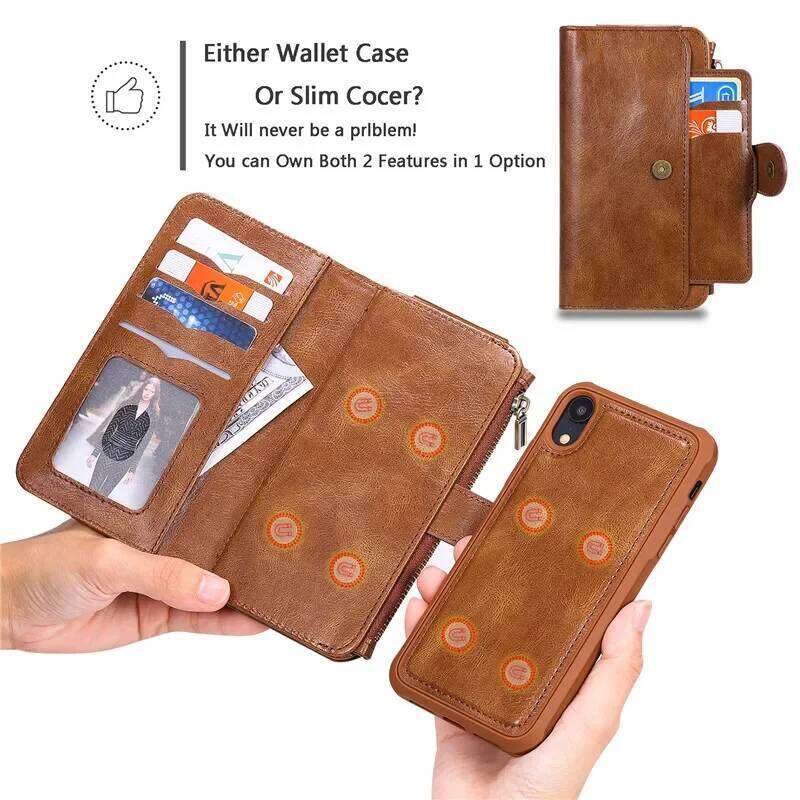 Detachable Magnetic Flip Leather Case for iPhone X XS XR 11 12 13 14 15 16 Pro Max 16E SE 2022 8 7 Plus Zipper Wallet Card Cover