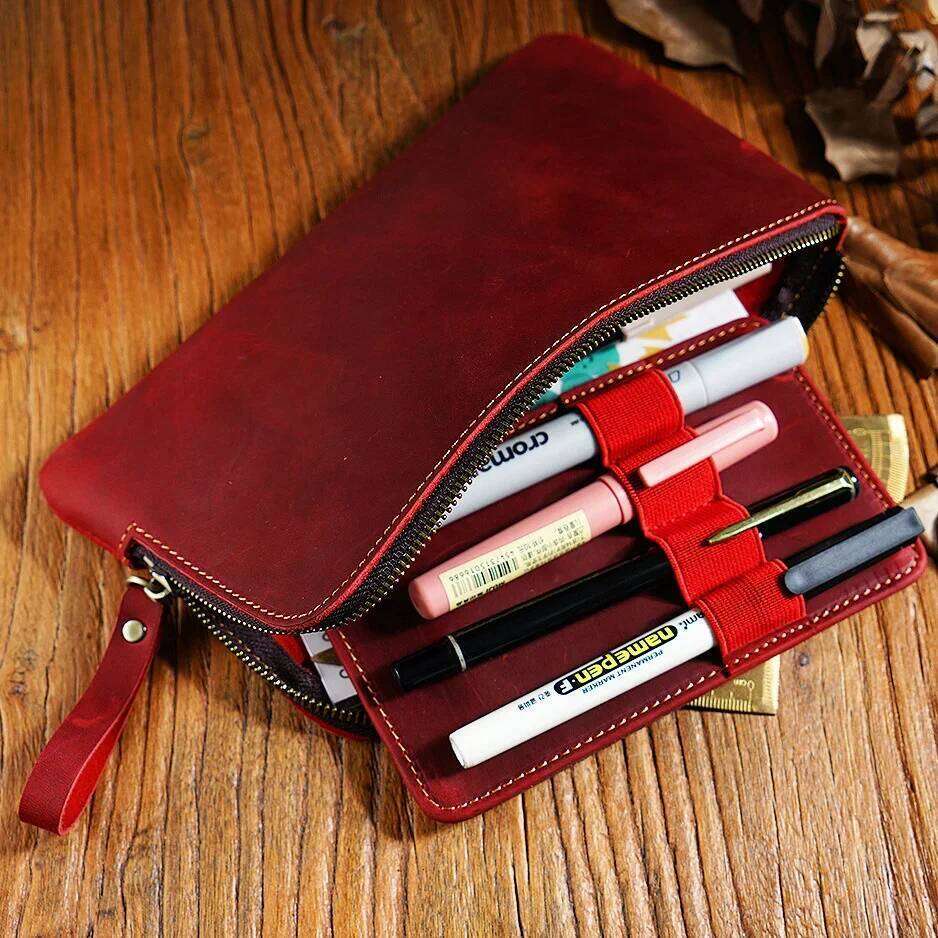 Handmade Zipper Case Leather For Men Women Holder Pouch Vintage Pen Box Organizer Boys Girls School Student Stationery