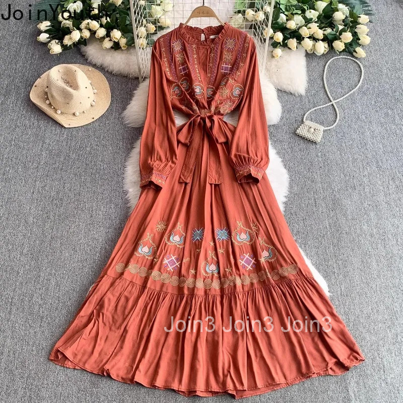 Vintage Woman Dress 2025 Vestidos De Mujer Slim Waist Ruffles Embroidery Robe Femme O-neck Lantern Sleeve Summer Maxi Dresses