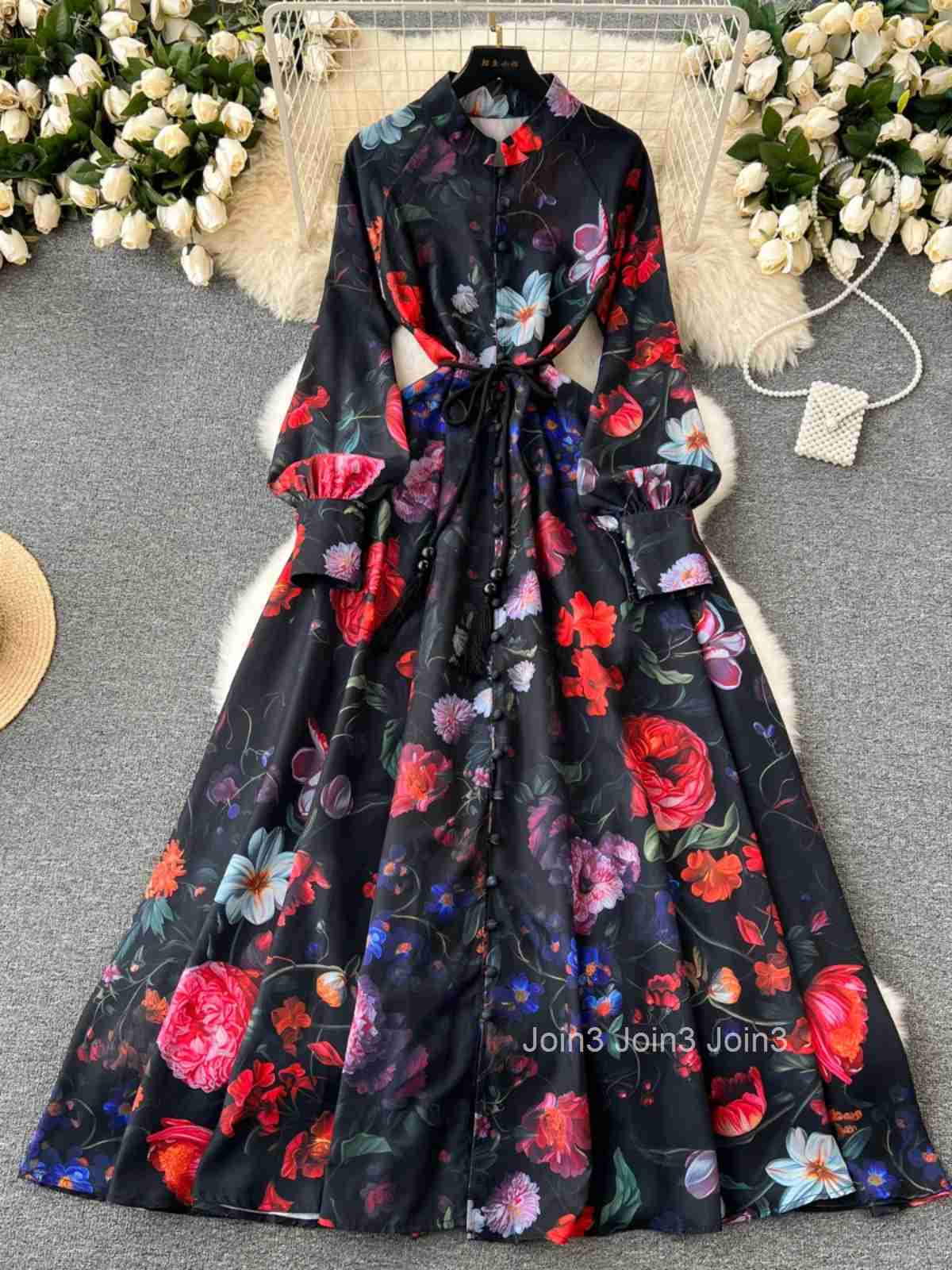 Maxi Dress Women Floral Single Breasted Big Swing Tunic Robe Femme Bandage Stand Vintage Summer Dresses 2025 Vestidos De Mujer