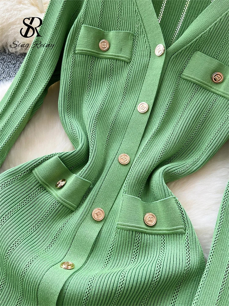 SINGREINY Autumn Office Lady Long Dress Women Winter V Neck Long Sleeves Chic Button Ruffles Sweet Streetwear Knitted Dress 250617