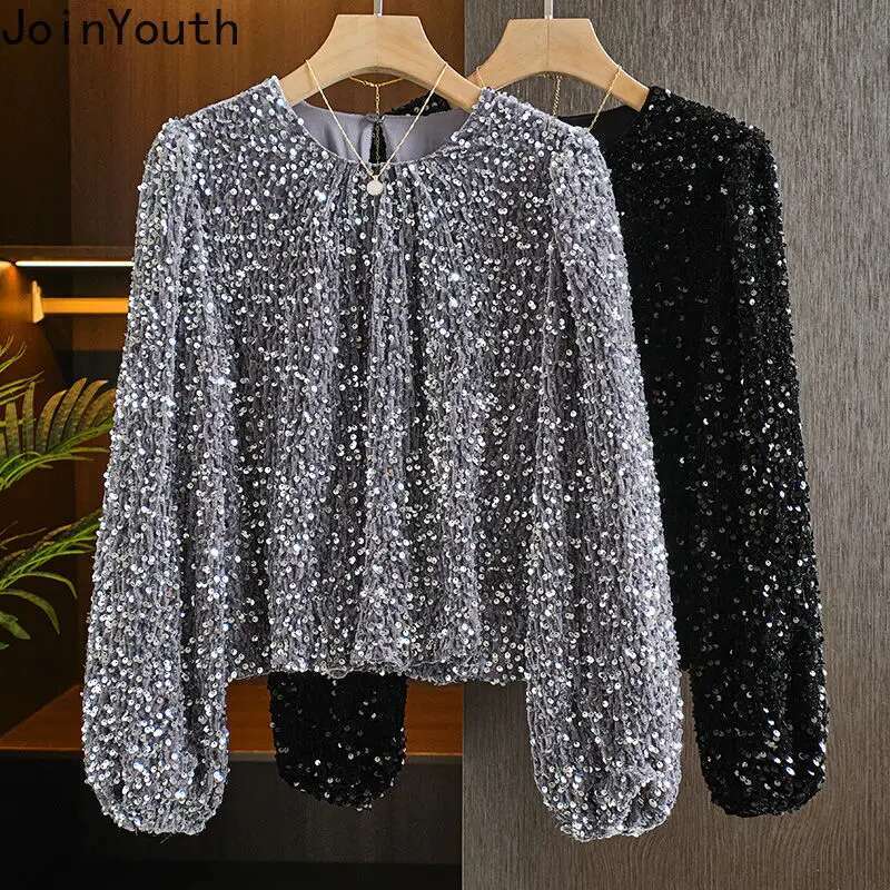 O-neck Long Sleeve Blouse for Women Fashion Heavy Sequined Y2k Tops 2025 Blusas Mujer De Moda Temperament Loose Korean Shirts