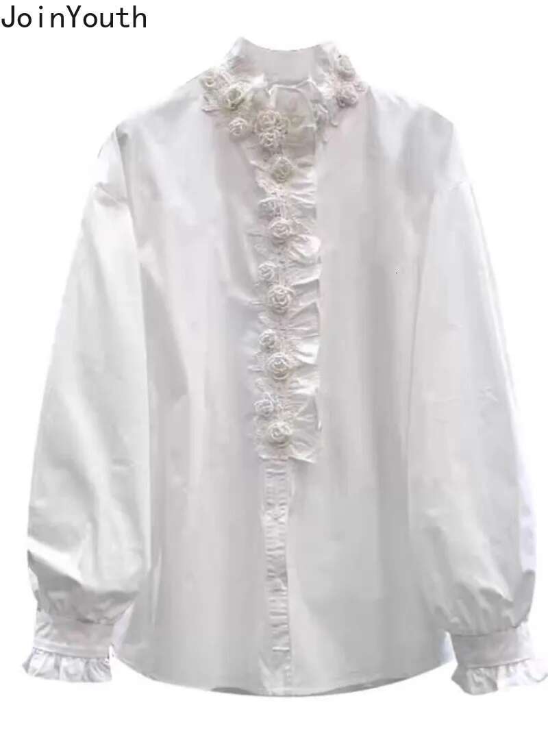 White Blouse Women Clothing Stand Neck Long Sleeve Vintage Shirts 2025 Blusas Mujer De Moda Loose Ruffles Beading Floral Tops