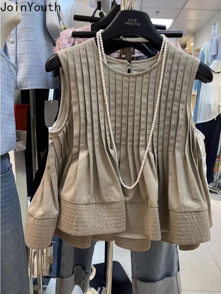 2025 Ropa Mujer Summer Tanks for Women Sweet Solid Color O-neck Sleeveless Vest Loose Fashion Korean Vintage Pleated Tops 27v559