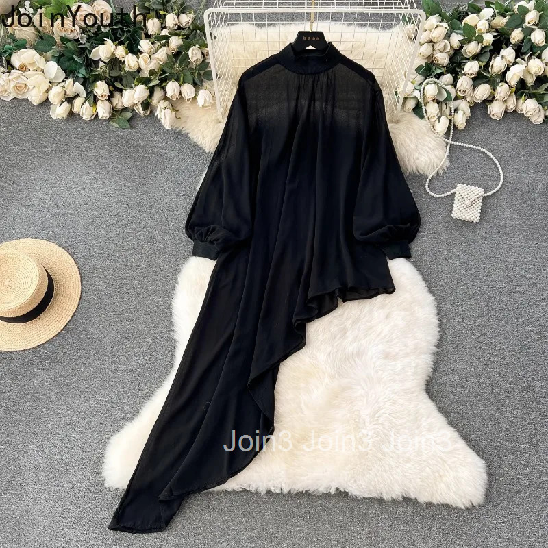 2025 Vestidos De Mujer Irregular Dress Womens Clothing Lantern Sleeve Stand Neck Loose Robe Femme Chic Chiffon Loose Dresses